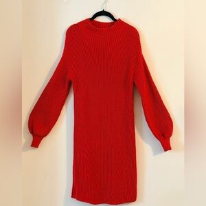 Style & Co. Bright Red Knit Balloon-Sleeve Midi Dress Size S